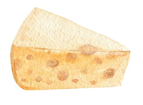 watercolor yellow cheese slice with holes isolated on white background. Food illustration
