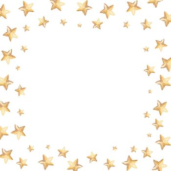 watercolor yellow stars frame isolated on white background. Golden stars square border