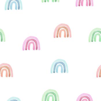 watercolor multicolor naive rainbows seamless pattern on white background for fabric, baby textile, nursery wallpaper, wrapping, scrapbooking