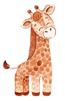watercolor happy giraffe baby isolated on white background. Wild animals of Africa. Cute print for nursery decor