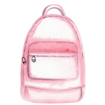 watercolor hand drawn pink school backpack isolated on white background