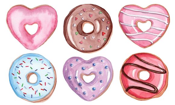 watercolor hand drawn colorful donuts set isolated on white background