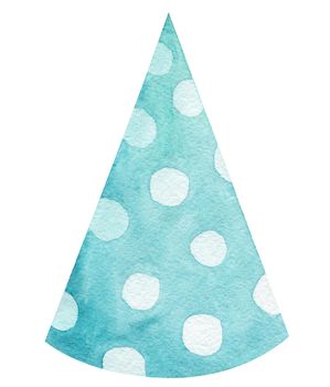 watercolor blue birthday cone hat with white dots isolated on white background. Hand drawn party cap illustration