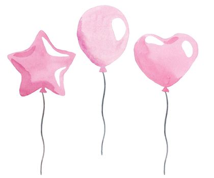 watercolor pink balloons set isolation on white background. Star and heart shaped air balloons for invitation and card decoration