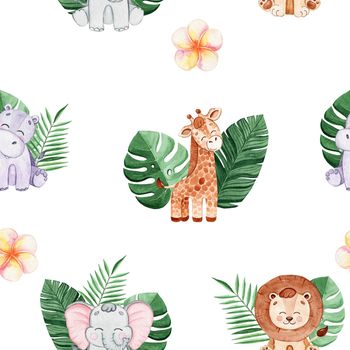 watercolor safari animals and green tropical palm leaves and flowers seamless pattern on white background for fabric, textile, branding, invitations, scrapbooking, wrapping