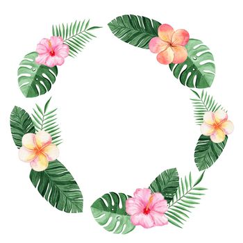 watercolor round tropical frame isolated on white background. Palm leaves and flowers border for cards decoration and logo design