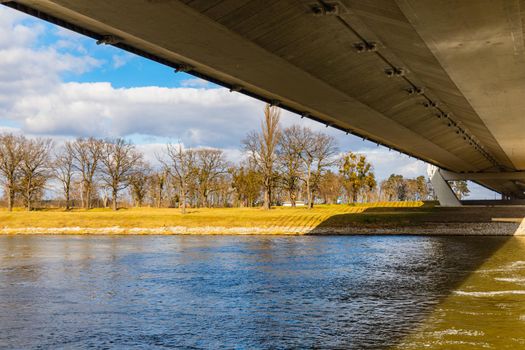 View to Odra river from under of highway bridge