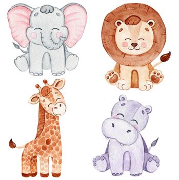 watercolor happy african animals set isolated on white background. Safari wildlife. Lion, hippo,elephant,giraffe decoration for baby shower and birthday