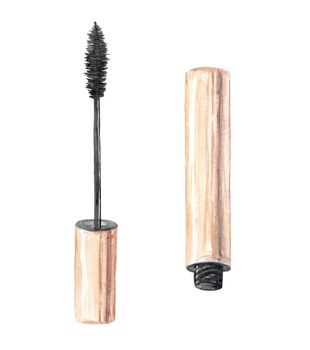 watercolor hand drawn black mascara opened in golden container and brush isolated on background