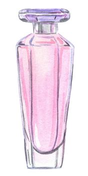 watercolor hand drawn pink glass perfume bottle isolated on white background for logo design, branding, fashion industry, perfumery