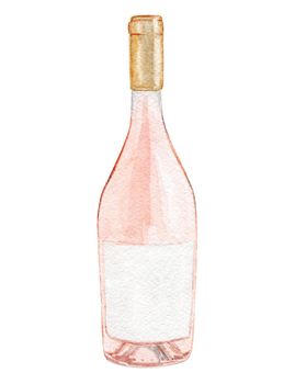 watercolor rose wine bottle isolated on white background