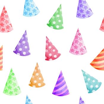 Watercolor colorful party hats seamless pattern on white background. Birthday caps decoration for fabric,wrapping,scrapbooking