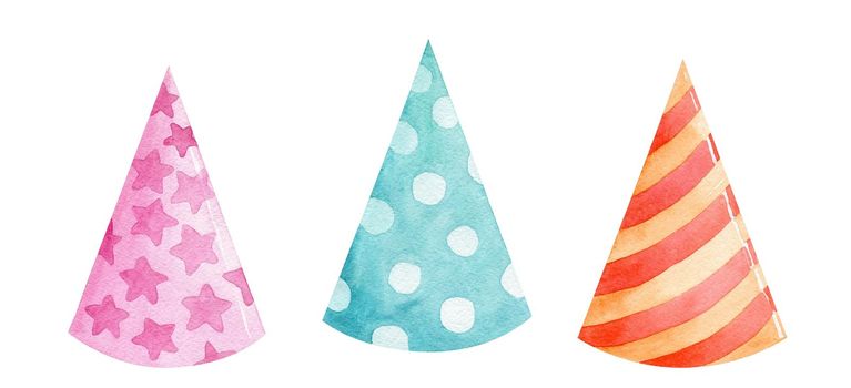 watercolor color party hats set isolated on white background. Birthday cones with stripes and dots accessories clip art for invitations and designs