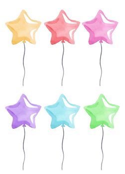 watercolor colorful star shaped balloons with ribbons set isolated on white background for birthday decoration and card designs