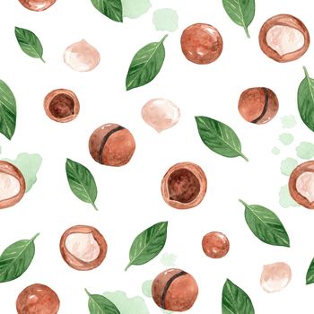 watercolor hand drawn macadamia nuts and green leaves seamless pattern on white background. can be used in fabric, textile,wrapping paper,scrapbooking