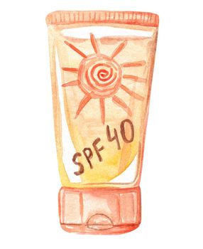 watercolor hand drawn orange suntan cream tube with sun isolated on white background. Sun protection spf 40 cosmetics, skin care product