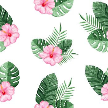 watercolor pink hibiscus and tropical leaves seamless pattern on white background for fabric,textile,branding,invitations,scrapbooking,wrapping