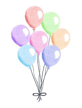 watercolor pastel color air balloons bunch isolated on white background for holiday decor and birthday cards design