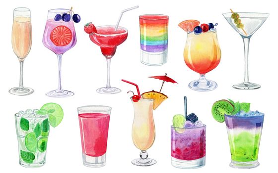 watercolor illustration with alcohol cocktails isolated on white background for menu design. Color fruit drink in glass. Mojito, daiquiri, margarita, champagne, bloody mary, shots, sex on beach