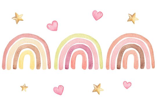 watercolor pastel color rainbows set with hearts and stars isolated on white background for baby nursery decoration, poster, fabric, baby shower