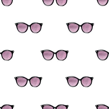 watercolor purple sunglasses fashion seamless pattern on white background for fabric, textile, scrapbooking, wrapping paper,invitations