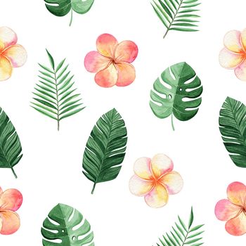 watercolor tropical flower and palm leaves seamless pattern with plumeria and monstera plants on white background for fabric, textile, branding, invitations, scrapbooking, wrapping