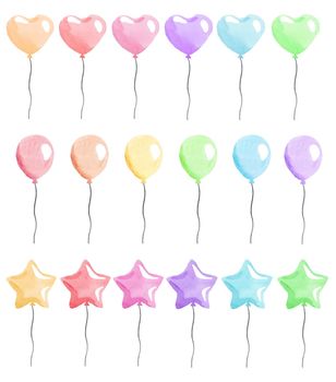 watercolor hand drawn multicolor air balloons set isolated on white background for birthday card decoration