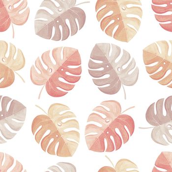 watercolor pastel color monstera leaves seamless pattern on white background. Tropical pink and beige leaves print for fabric, textile, wrapping, scrapbooking