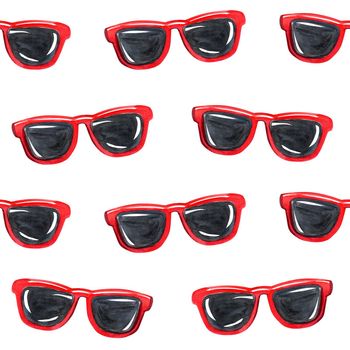 watercolor red sunglasses hipster style seamless pattern on white background for fabric, textile, scrapbooking, wrapping paper, branding