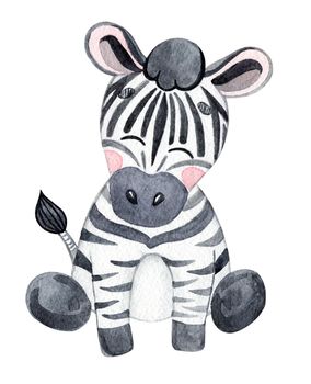 watercolor happy baby zebra sitting isolated on white background for children fabric, birthday cards design