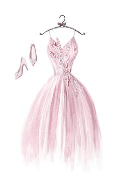 watercolor pink wedding dress and pink woman shoes on white background