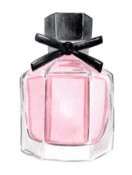 watercolor hand drawn pink shaped perfume glass bottle with black bow isolated on white background