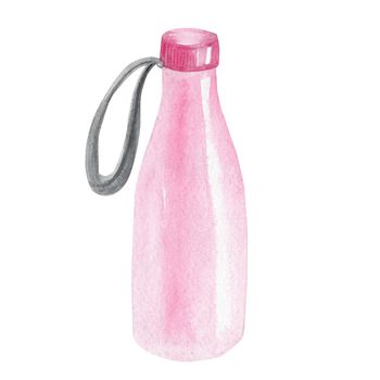 watercolor pink bottle for drinks isolated on white background. fitness bottle