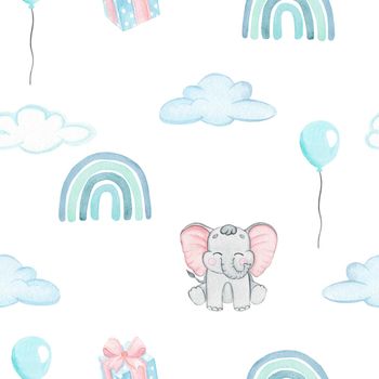 watercolor blue rainbow and elephant in clouds seamless pattern on white background for baby textile, fabric, nursery wallpaper, wrapping, cover, poster