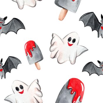 watercolor white happy ghost and bat halloween seamless pattern on white background. Bloody ice cream print. Perfect for fabric, textile, scrapbooking, wrapping, wallpaper