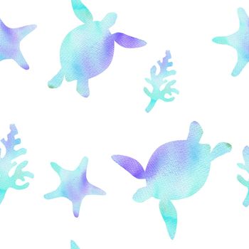 watercolor blue turtle and starfish seamless pattern on white background. underwater fabric, sea life decoration. World oceans day design