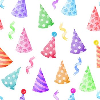 watercolor bright party hats seamless pattern on white background. Birthday caps for wrapping, fabric, textile, napkins, party decoration