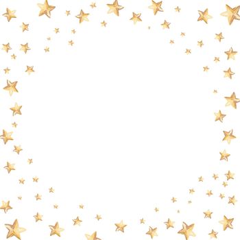 watercolor hand drawn golden stars round frame on white background