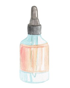 watercolor hand drawn blue bottle with liquid fluid with black cap for face isolated on white background. Medical supplies