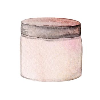 watercolor hand drawn beige cream container with black cap isolated on white background for beauty and cosmetology sphere