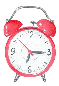 watercolor red alarm clock isolated on white background