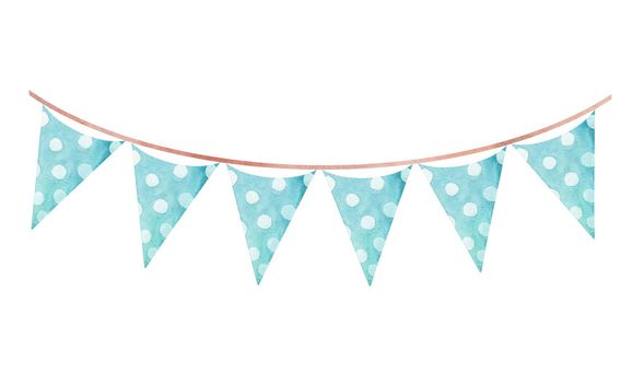 Watercolor blue birthday party garland with triangle flags isolated on white background. Greeting card decoration