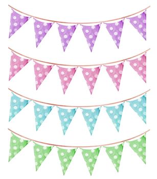 watercolor pastel color party buntings with triangle flags set isolated on white background for birthday decor, greeting cards