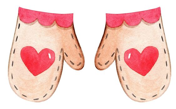 watercolor brown mittens with red hearts on white background
