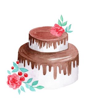 watercolor white cake with chocolate topping and red flowers decorations on white background , rustic wedding dessert