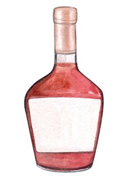 watercolor cognac glass bottle isolated on white background. Alcohol beverage