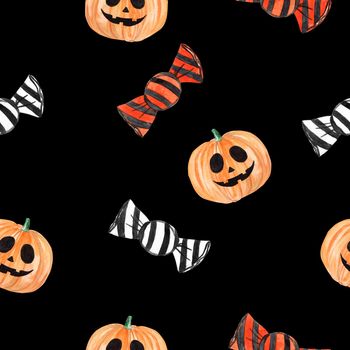 halloween seamless pattern with watercolor pumpkin and sweets on black background. For fabric, textile, wrapping, scrapbooking