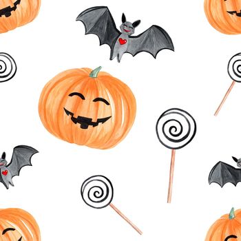 watercolor halloween pumpkin and bats seamless pattern on white background for fabric, textile,wrapping, scrapbooking, party decor
