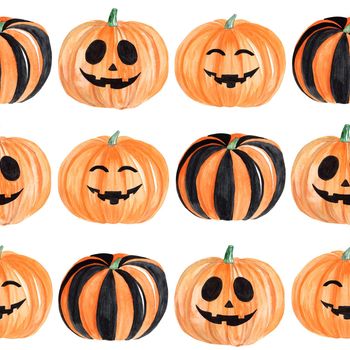 watercolor halloween orange pumpkin seamless pattern on white background for fabric, textile, wrapping, wallpaper, cards design