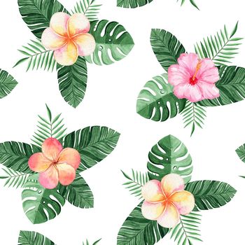 watercolor tropical leaves and flowers seamless pattern on white background for fabric, textile, branding, invitations, scrapbooking, wrapping